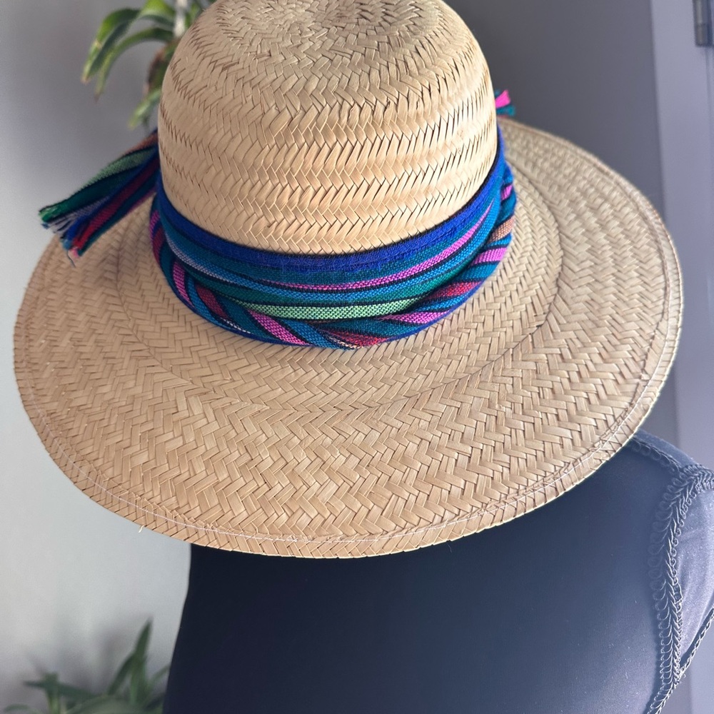 Blue and Tan Straw Sun Hat with Wide Brim